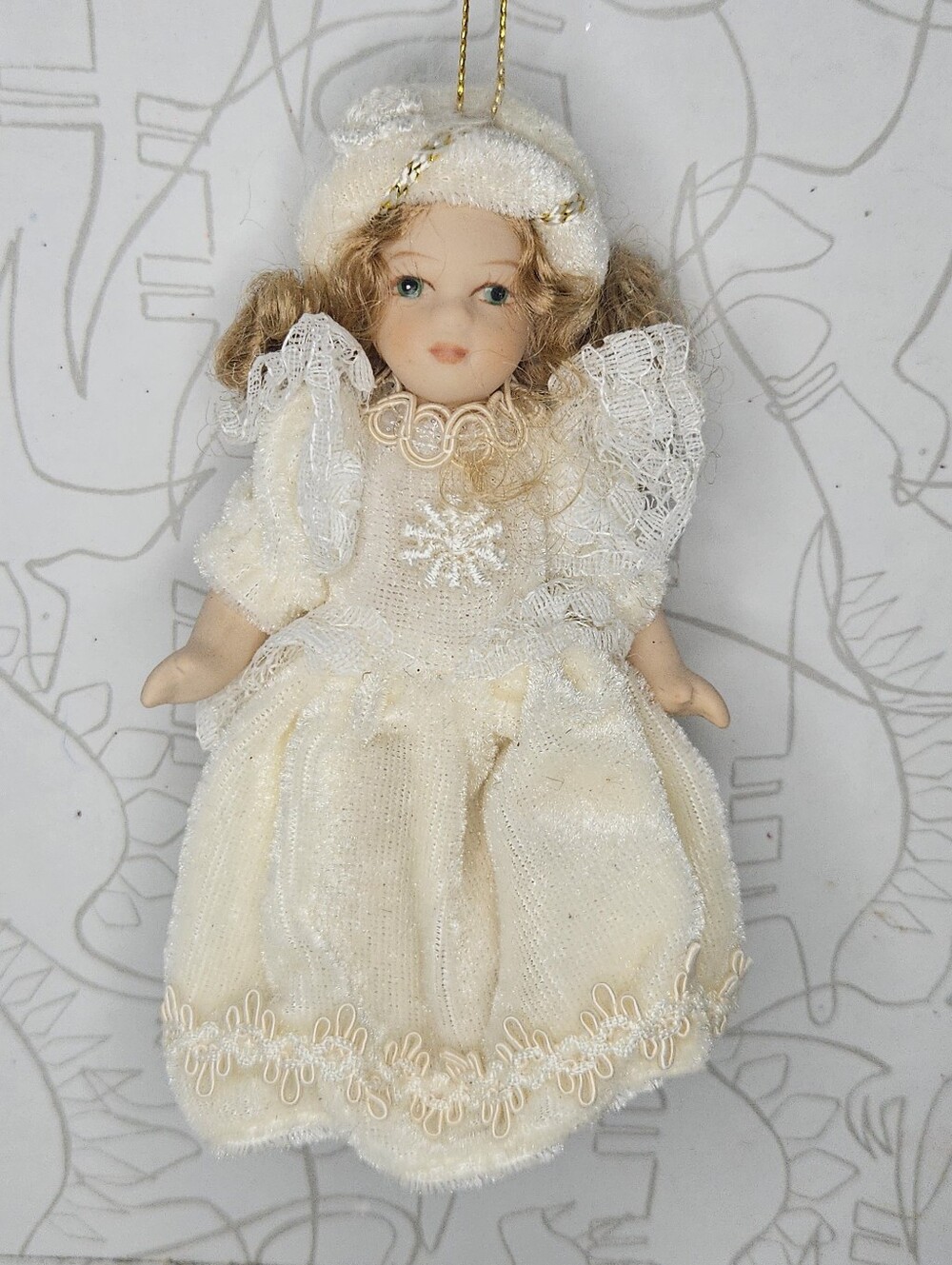 Vintage Miniature Doll Ornament Porcelain Bisque White Christmas Holiday Decor